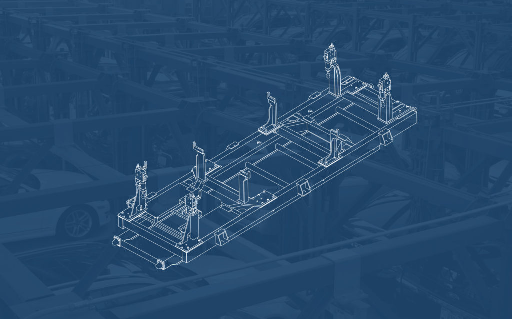 Schematic of a custom 16mm Pin clamp framework for Volvo and their Automotive processes.