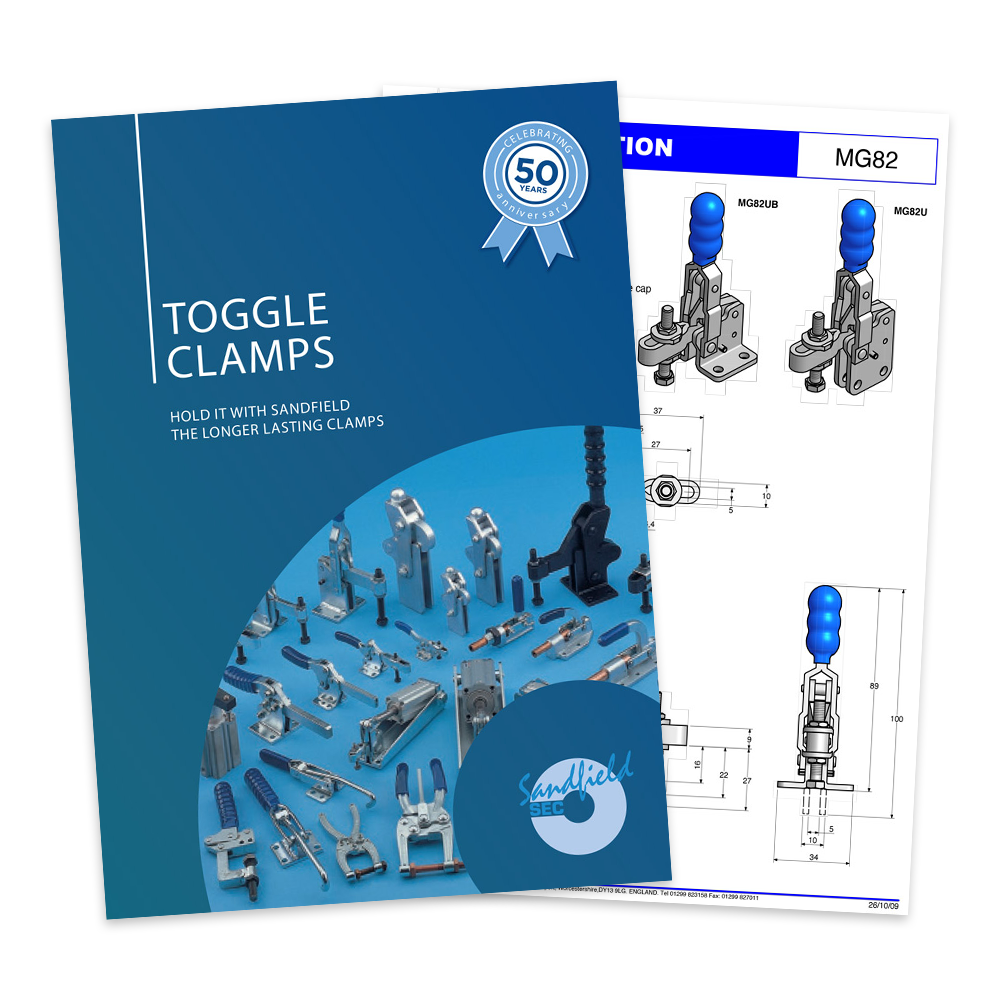 A flat lay of the front and interior pages of the Sandfield Engineering Toggle Clamp Catalogue