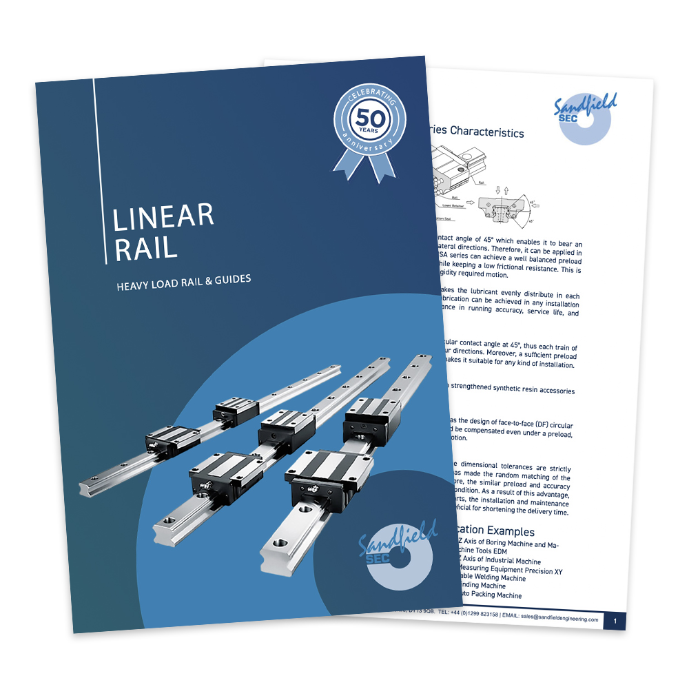 Linear rail catalogue thumbnail showing cover and interior page.