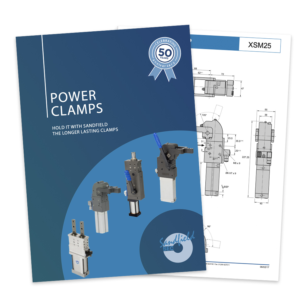 Power clamps catalogue thumbnail showing cover and interior page.