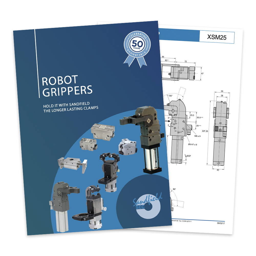 Robot gripper catalogue thumbnail showing cover and interior page.
