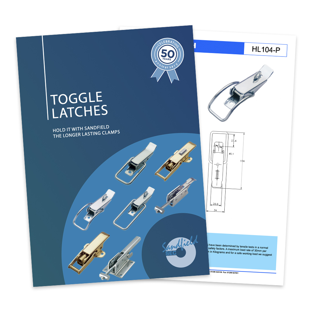 Toggle latches catalogue thumbnail showing cover and interior page.
