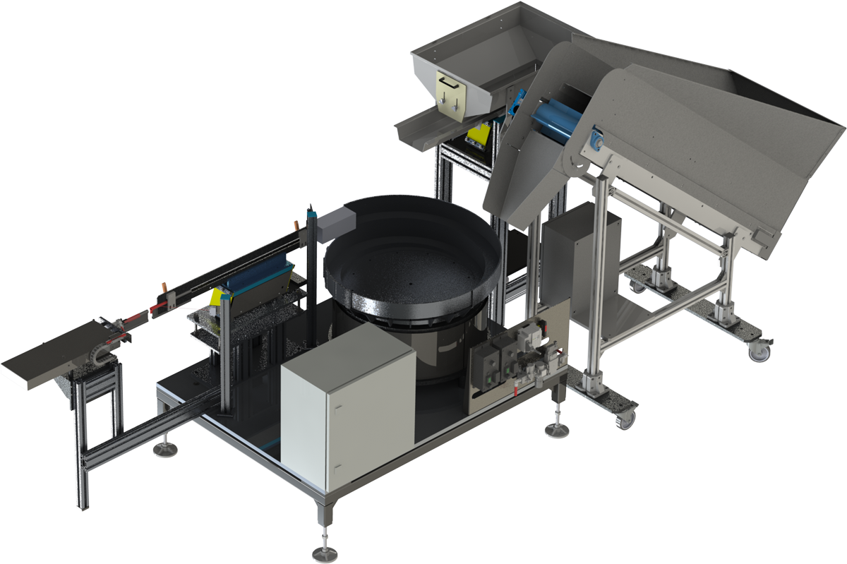 Complete bowl feeding system from a conveyor belt, hopper, linear rail and vibratory bowl feeder.