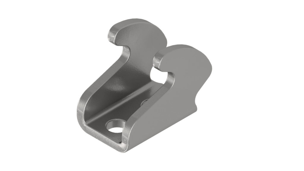 A 3d render of a metal hook bracket shape for a HC22LP accessory from Sandfield Engineering.