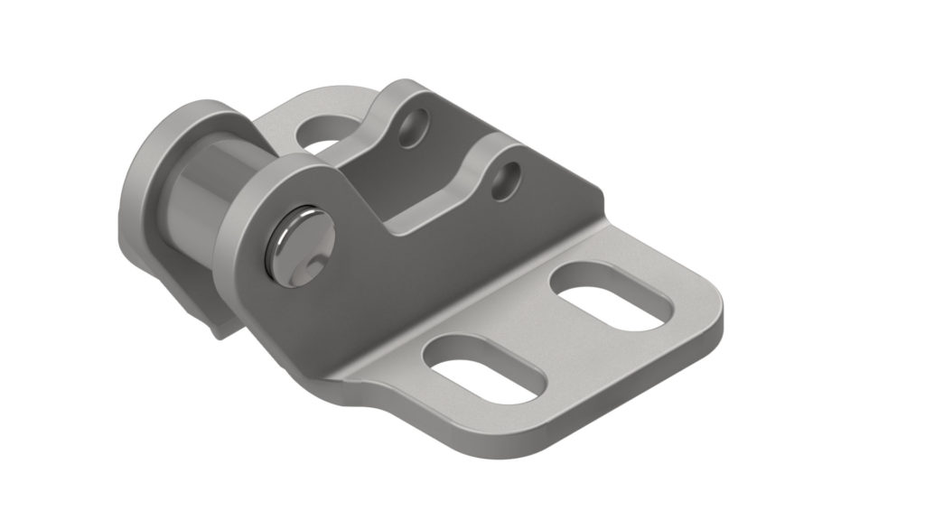 3d render for a metal bracket with a rotating pivot join attached to base plate for securing to a material.