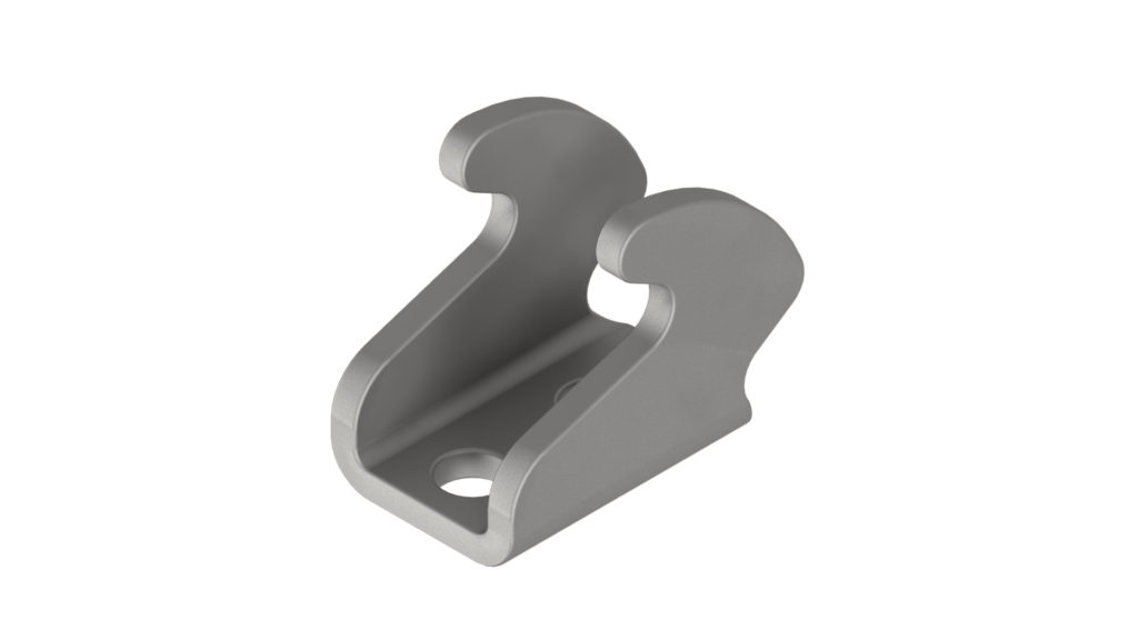 A 3d render of a metal hook shaped bracket with a secure screw hole drilled for attachement.