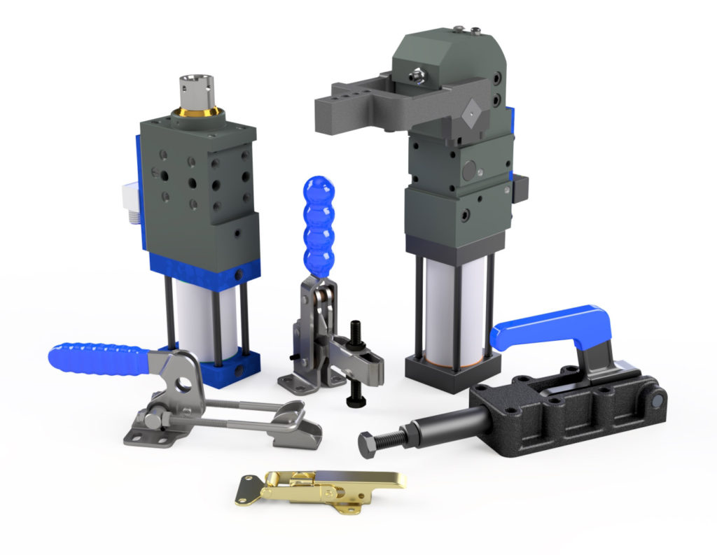 A full collection of Sandfield Engineering clamps, holding equipment. manual Toggle clamps, latches and pneumatic solutions.