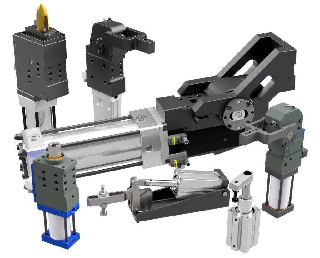 A grouping of pneumatic clamps manufactured by Sandfield Engineering, heavy mechanical equipment.