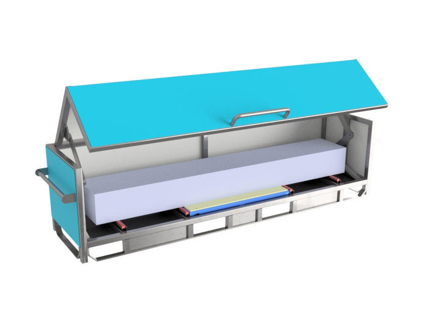 A box with a mechanical lifting lid tailored for battery containment, showcasing excellent engineering fro Sandfield Engineering