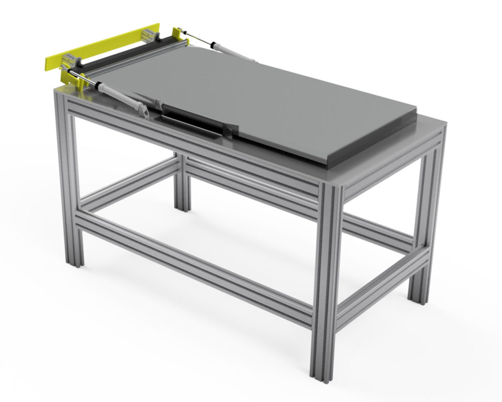 Custom Engineered product shaped like a table with piston pneumatic powered movements.