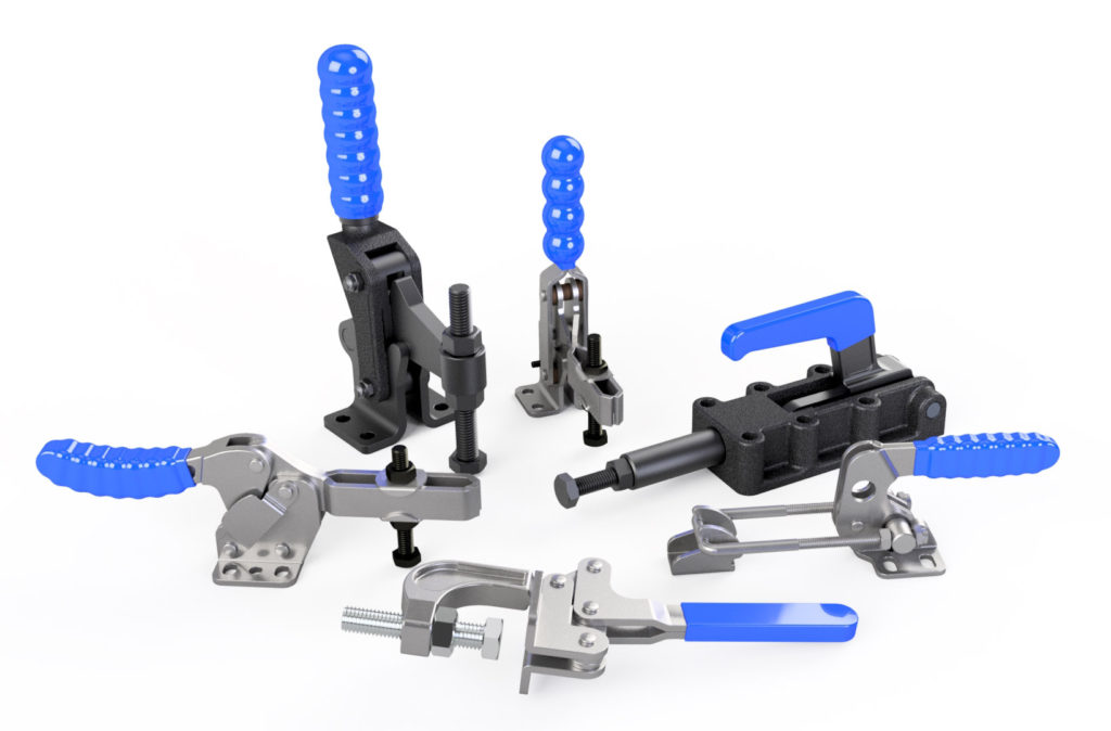 A set Grouping of 6 manual toggle clamps manufactured by Sandfield Engineering.