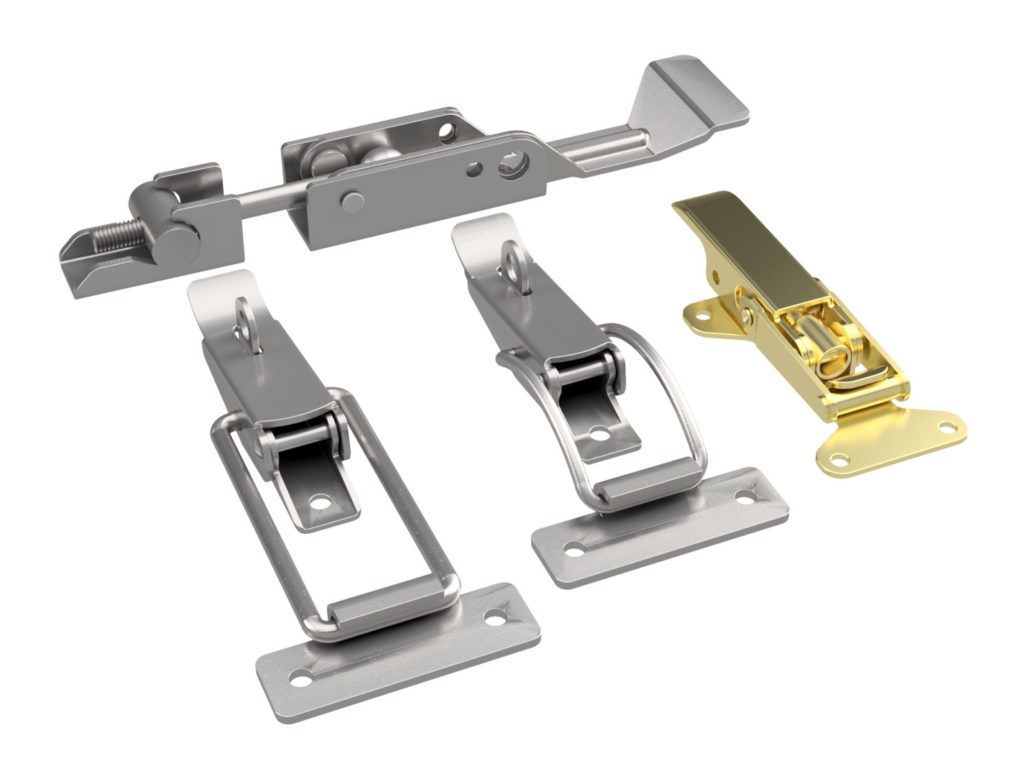 A set of four different toggle clamp latches manufactured by Sandfield engineering in the UK.