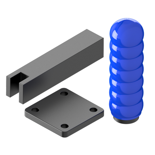 A heavy duty engineering bundle, a metal block with a notch, a square base plate with holes in each corner and a blue Grip.