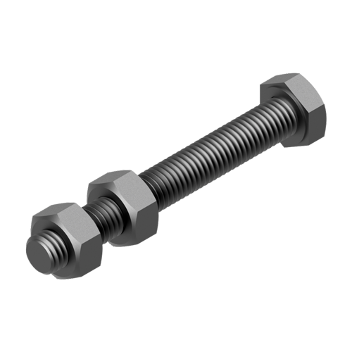 A 3d render of a long Grey screw, two bolts are threaded on to the tip.