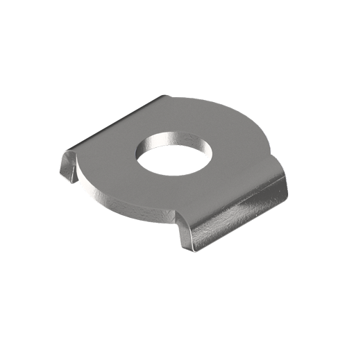 A metal circular bracket with hole in the middle wtih two flaps bend at a 90 degree angle to raise the bracket up.