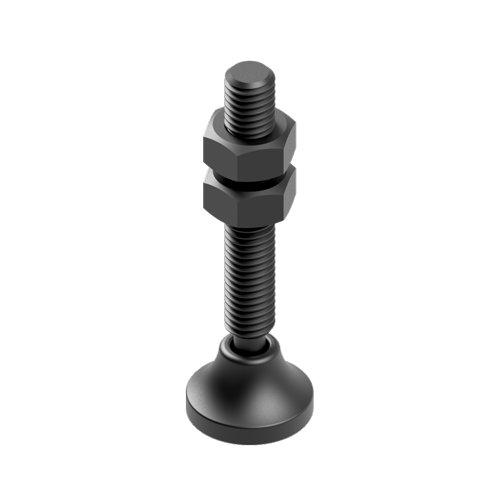 Black metal screw with a flared base clamp element with two botls threaded on to the top of the screw.
