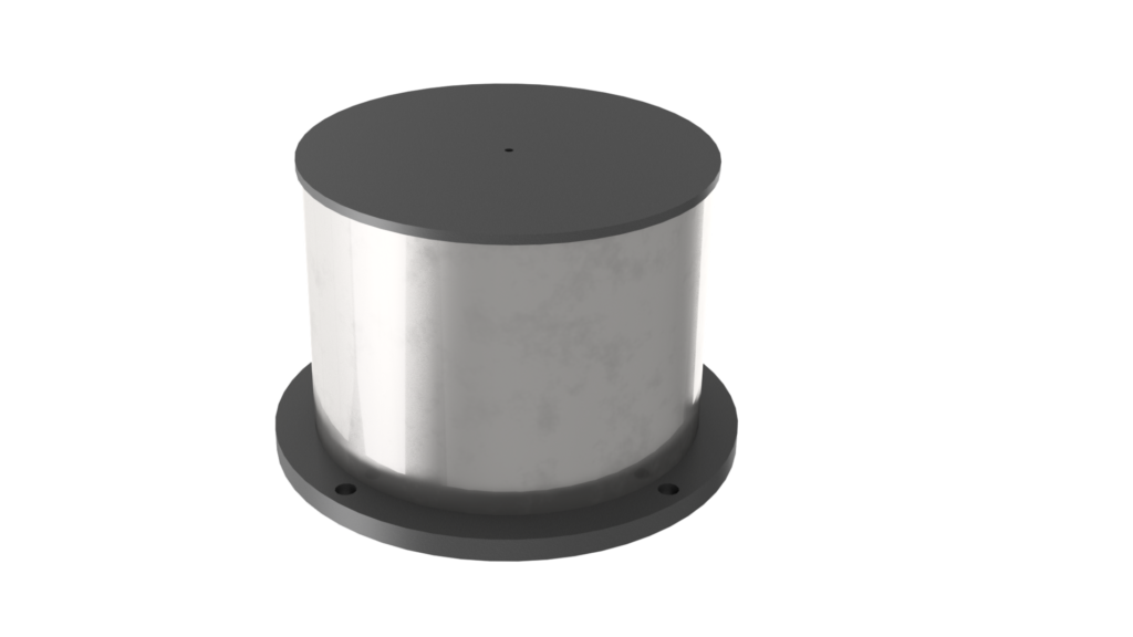 A tall cylinder shaped block with a base plate and dark metal top. Uk Engineered element called BDU-250