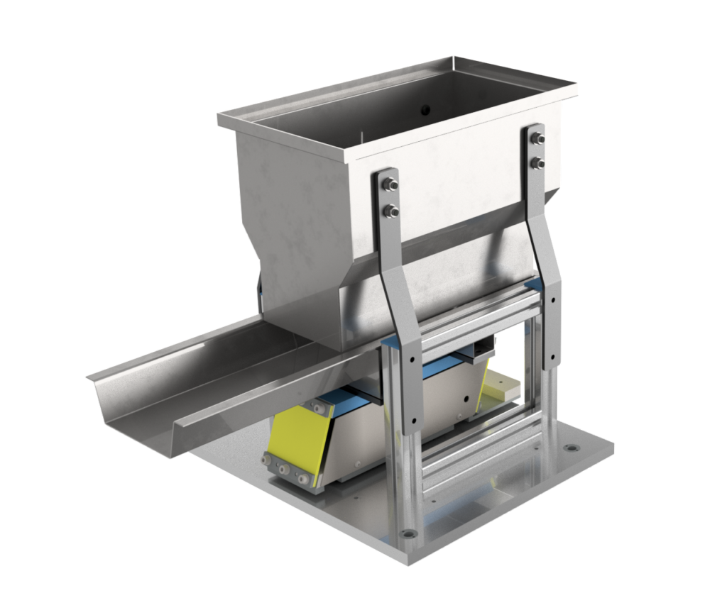 This is a trough shape with a chute at the bottom and vibrating unit underneath. This is a hopper to process products from Sandfield Engineering