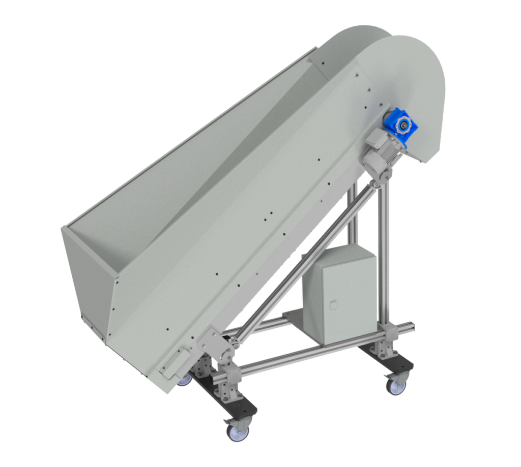 This is a metal structure on stilts and wheels that has a conveyor belt on- This is a Sandfield Engineering feeder belt