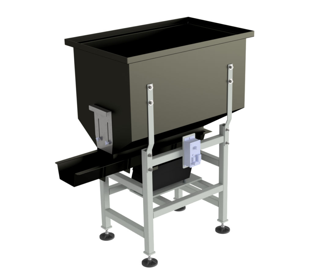 This is a trough in black metal with a chute at the bottom and a controller attached on the side. This is a hopper to process products from Sandfield Engineering