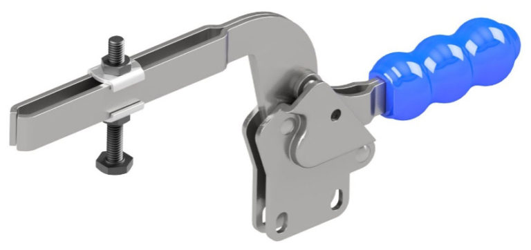 A light grey clamp bar toggle clamp unit with a blue grip.