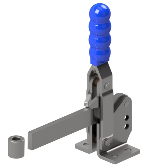 Dark grey clamp bar with a blue grip, a small metal tube for attachment is off to the side.