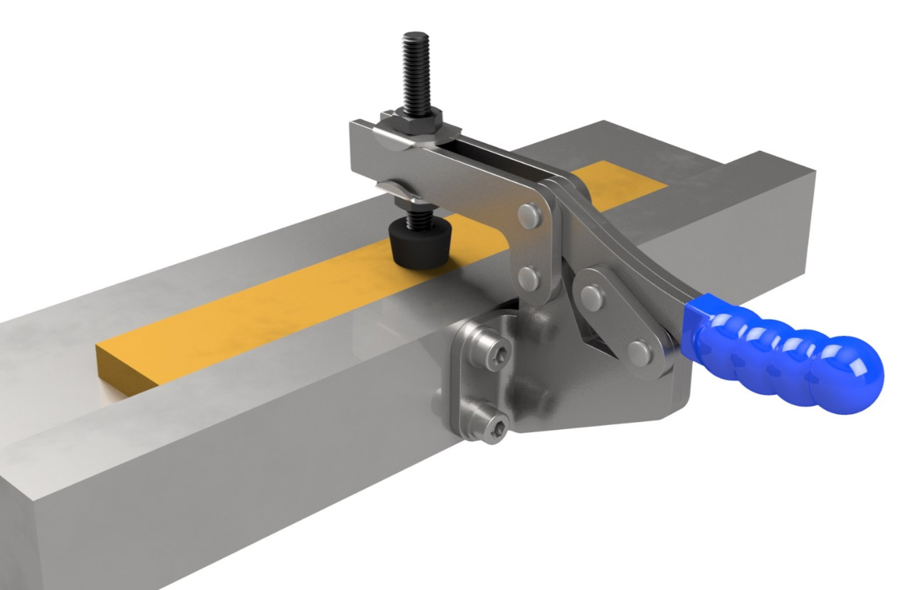 A close up of a toggle clamp in use, a blue plastic grip with the product attached to a metal frame holding a piece of wood still.