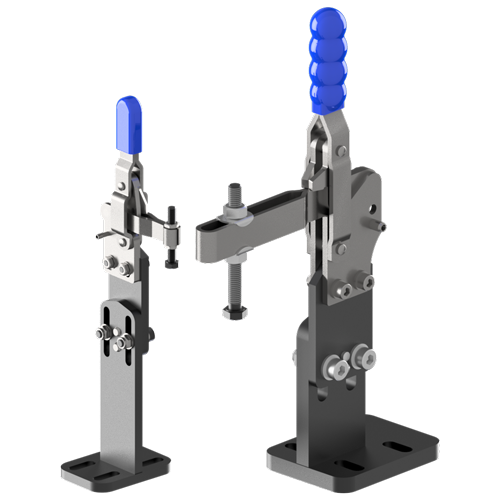 Two tall toggle glamp tpwers with baseplates and blue handles, one is large to the right an the other is small and to the left.