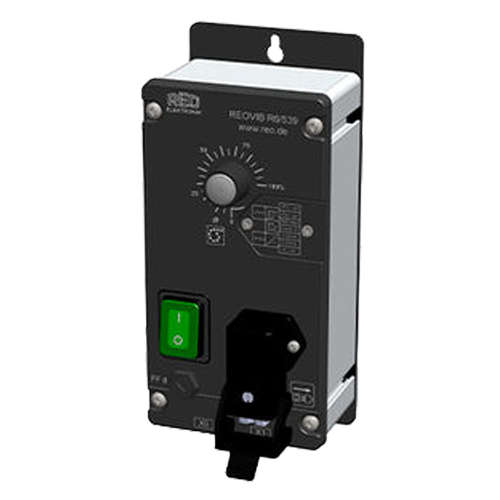 Showing a control unit, a dial and power button box that acts as the control for feeding hopper products from Sandfield Engineering
