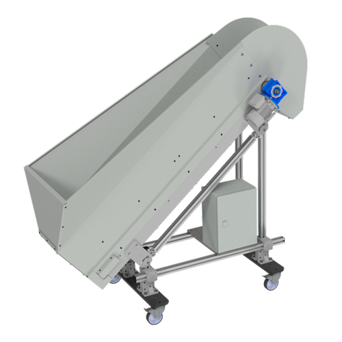 A large metal structure on stilts and wheels, a two sides and a slope. This product is part of Sandfield Engineering's range of feeding conveyor belts.