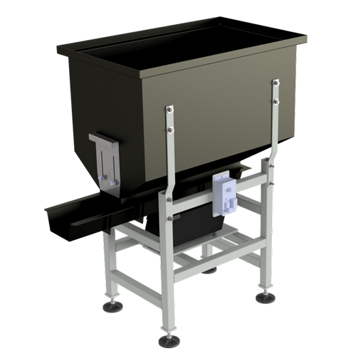 This is a Sandfield Engineering manufactured product, a black trough with a chute, this is a feeding hopper.