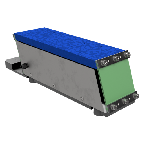 A metal box with. a blue at the top and a green plate at one end bolted to the box at the bottom and top, this is a Linear feeding product