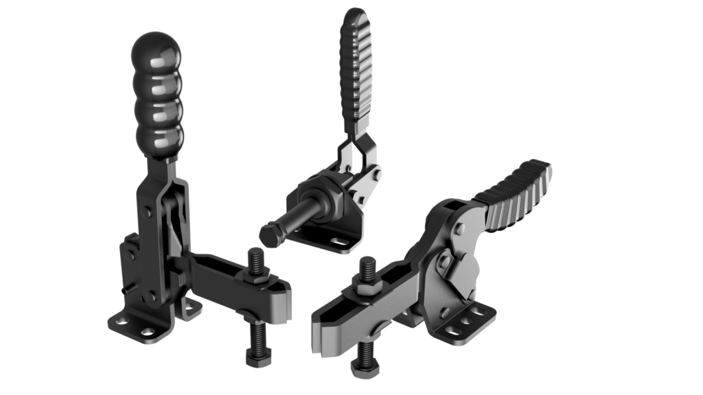 Three Black Toggle clamps in closed and open positions with different handles. Made by Sandfield Engineering
