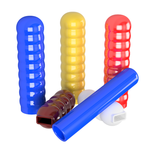 A collection of silicone grips for toggle clamps colours shown blue, red, yellow, white.