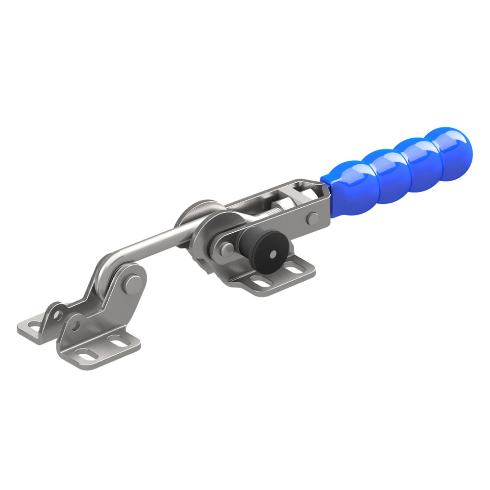 Toggle clamp made by Sandfield Engineering a stainless steel clamp with a silicone blue handle.