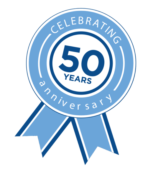 Sandfield 50 years of trading rosette for Engineering service provision for 5 decades. Branded blue.