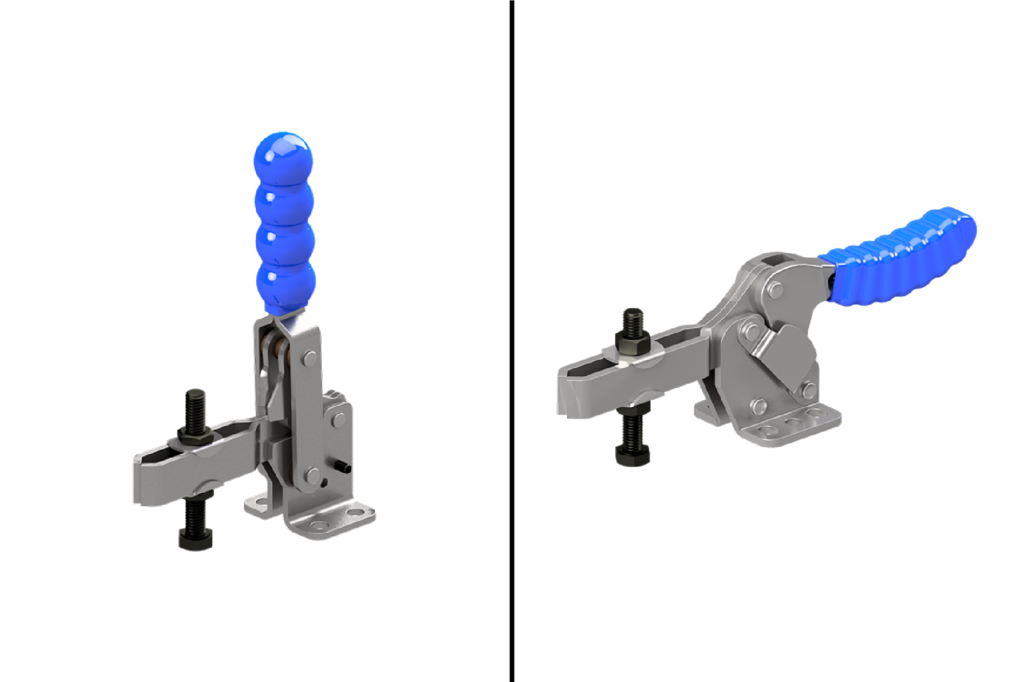 Image of Vertical Toggle Clamps and Horizontal Toggle Clamps manufactured by Sandfield engineering. These toggle clamps have a blue handle.